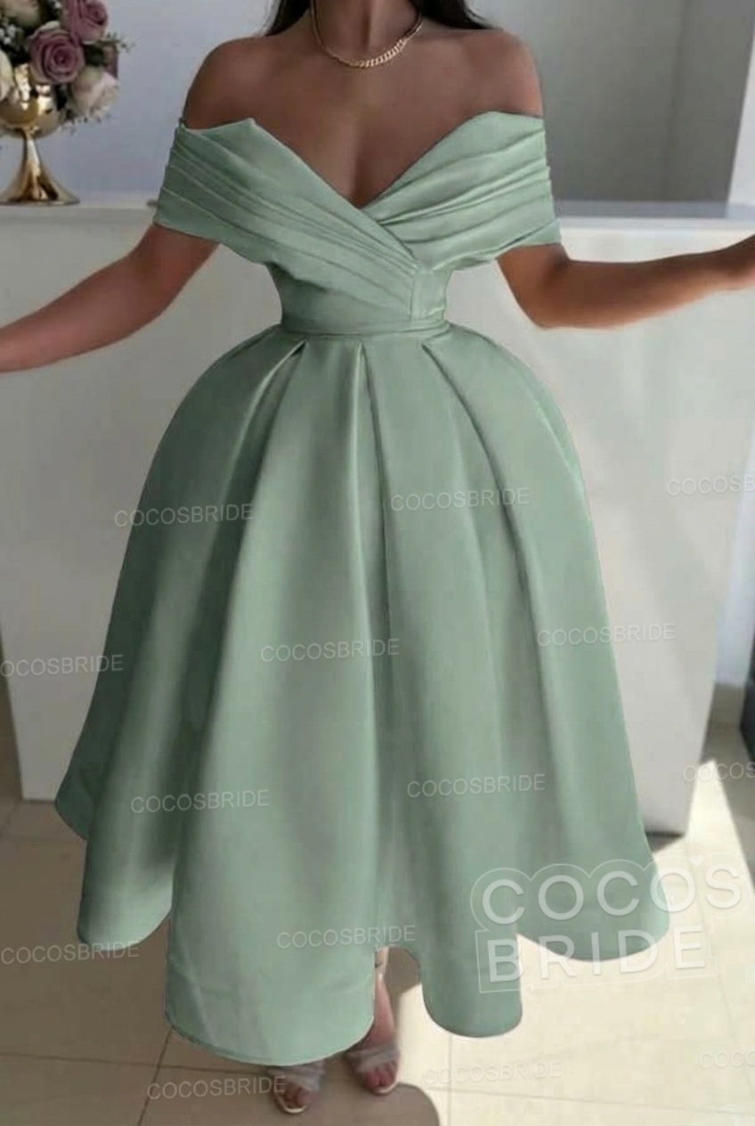 Off the Shoulder A-Line Satin Prom Dress with Pleated