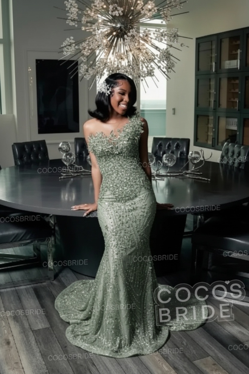 One Shoulder Sleeveless Mermaid Prom Dress with Beaded