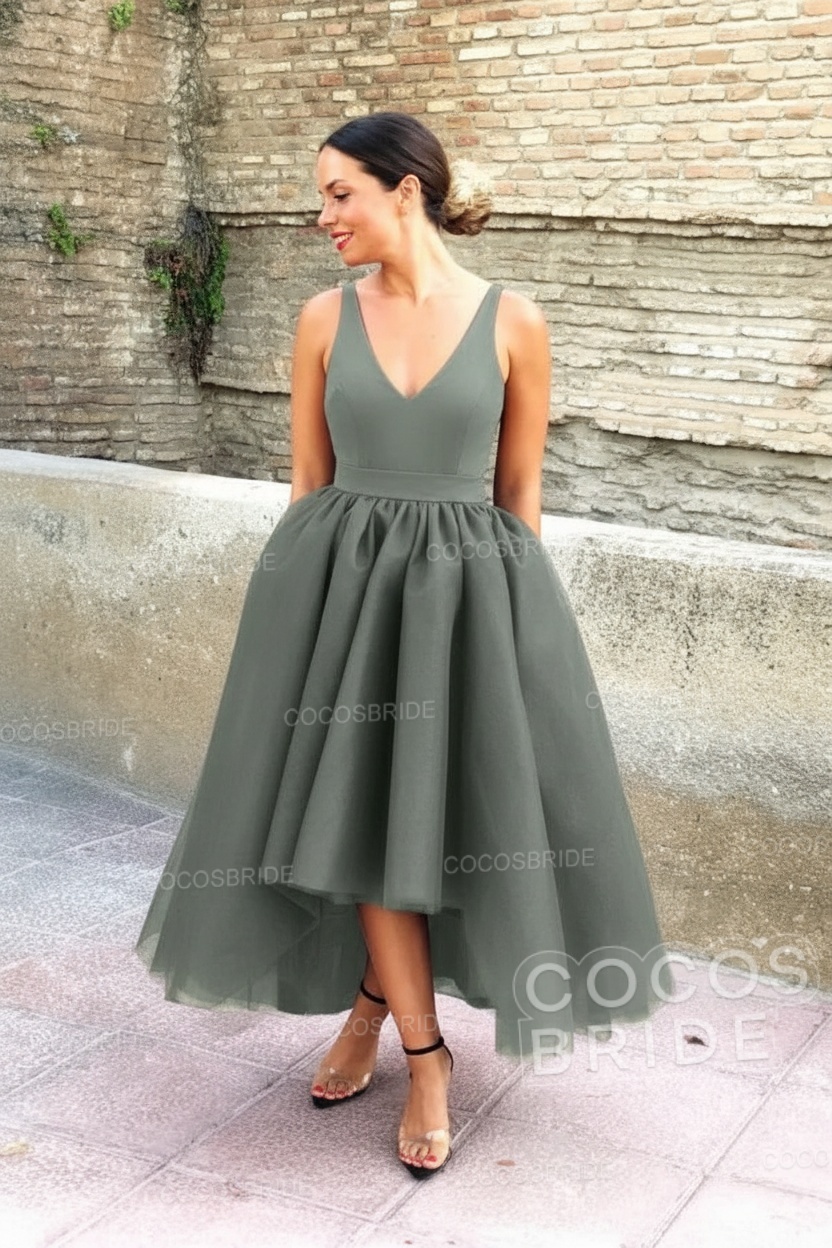 Simple Black V-neck Sleeveless Asymmetrical A-Line Prom Dresses