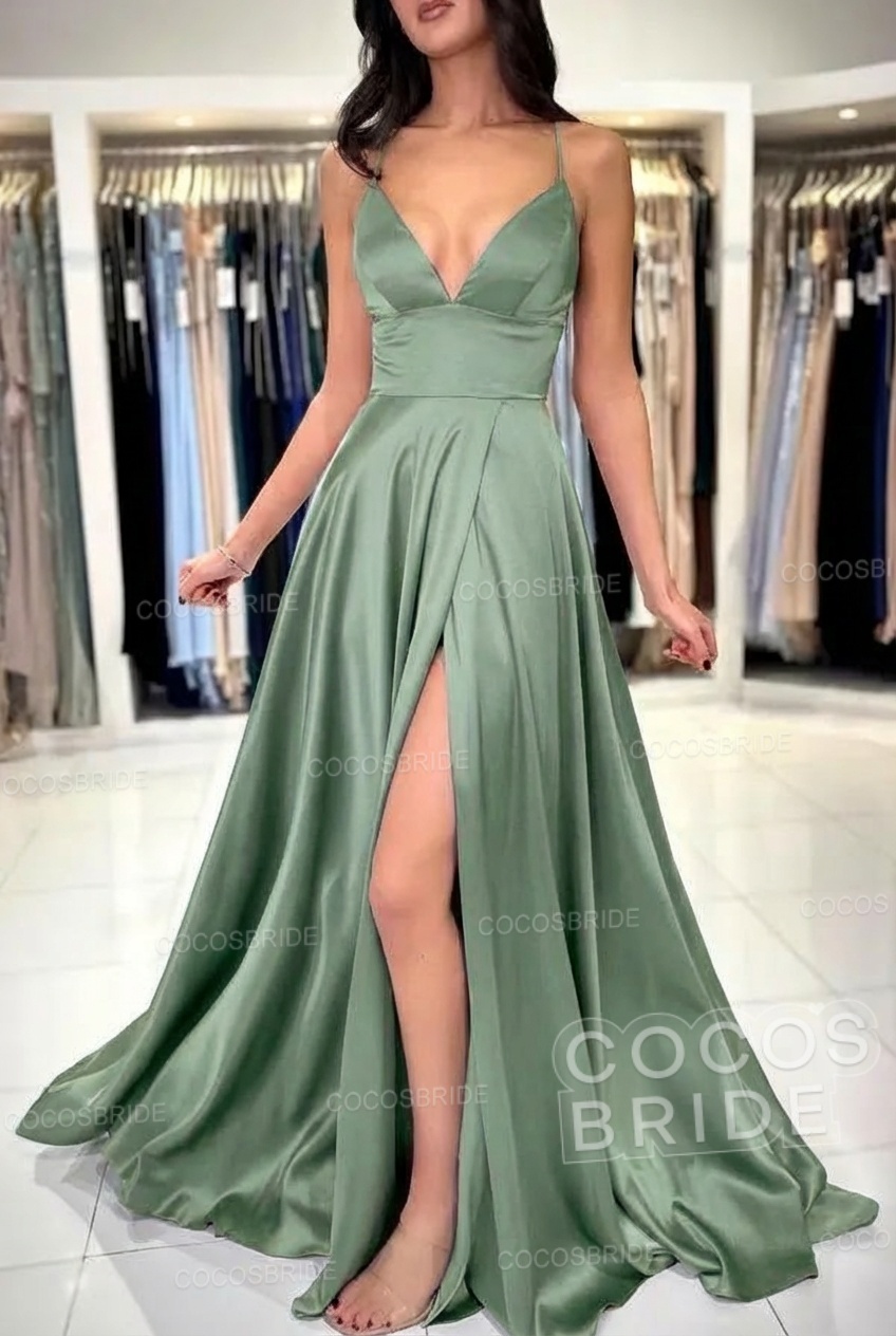 Simple Long A-line V-neck Satin Backless Formal Prom Dresses with Slit
