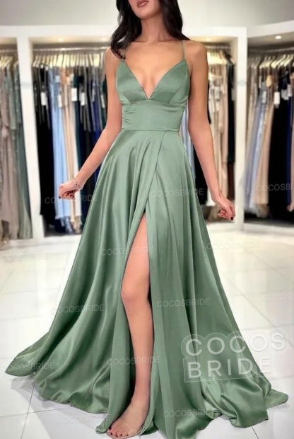 Simple Long A-line V-neck Satin Backless Formal Prom Dresses with Slit