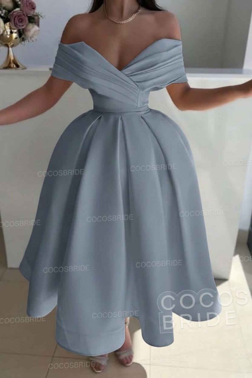 Off the Shoulder A-Line Satin Prom Dress with Pleated