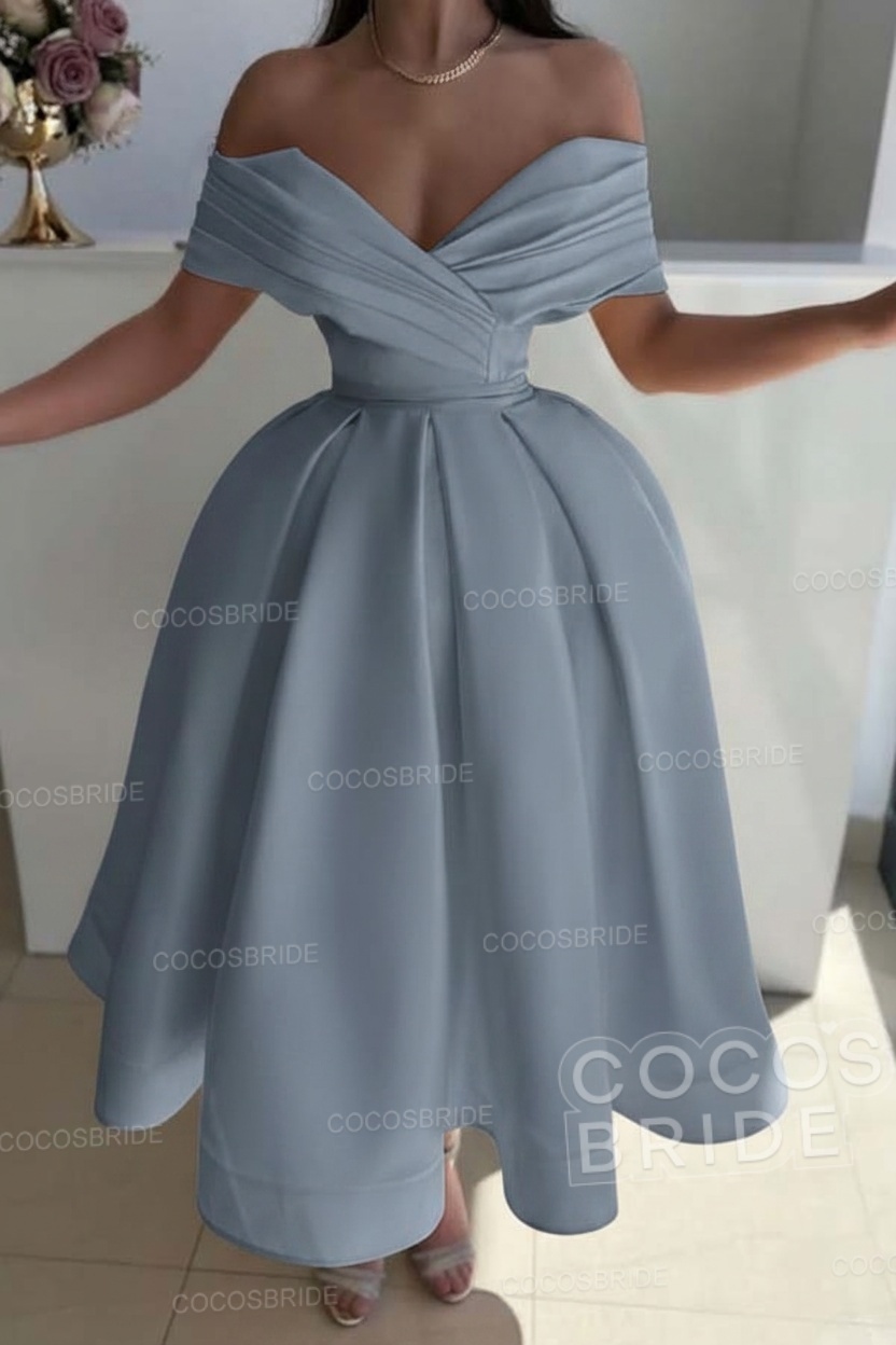 Off the Shoulder A-Line Satin Prom Dress with Pleated