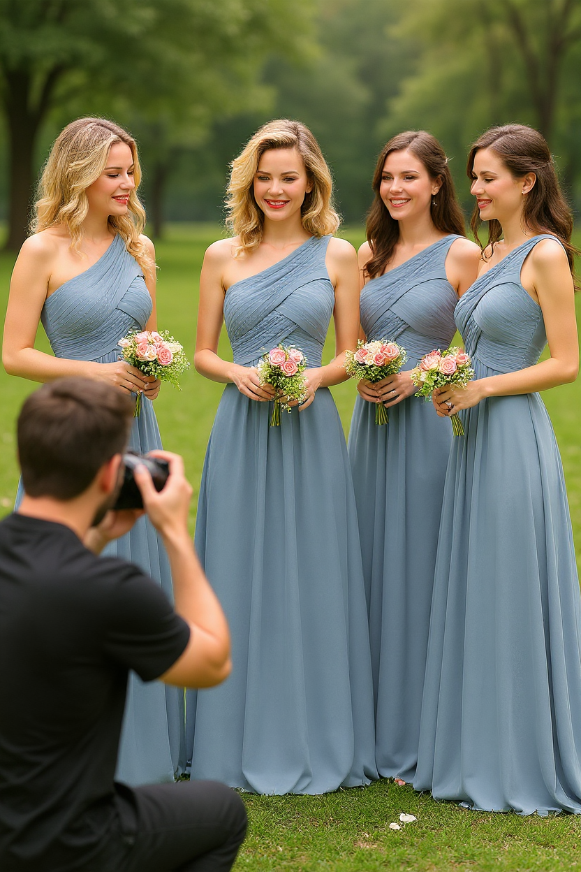 Elegant Dusty Blue A-line Chiffon Ruffles One Shoulder Long Bridesmaid Dress