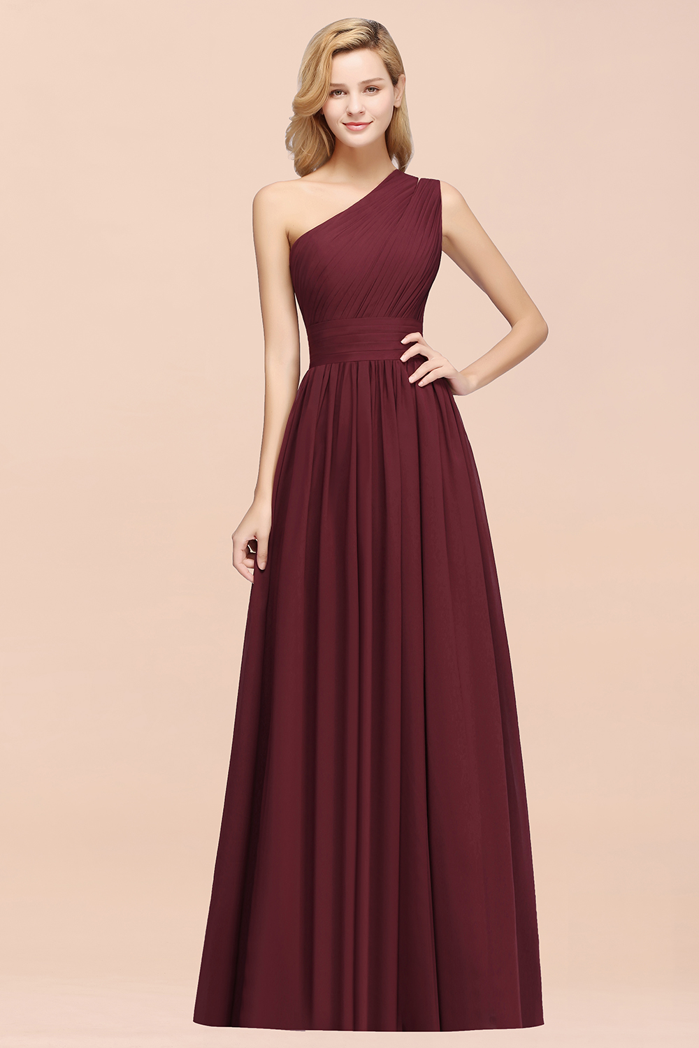 Elegant A-Line Burgundy Chiffon One-Shoulder Sleeveless Ruffles Floor-Length Bridesmaid Dresses