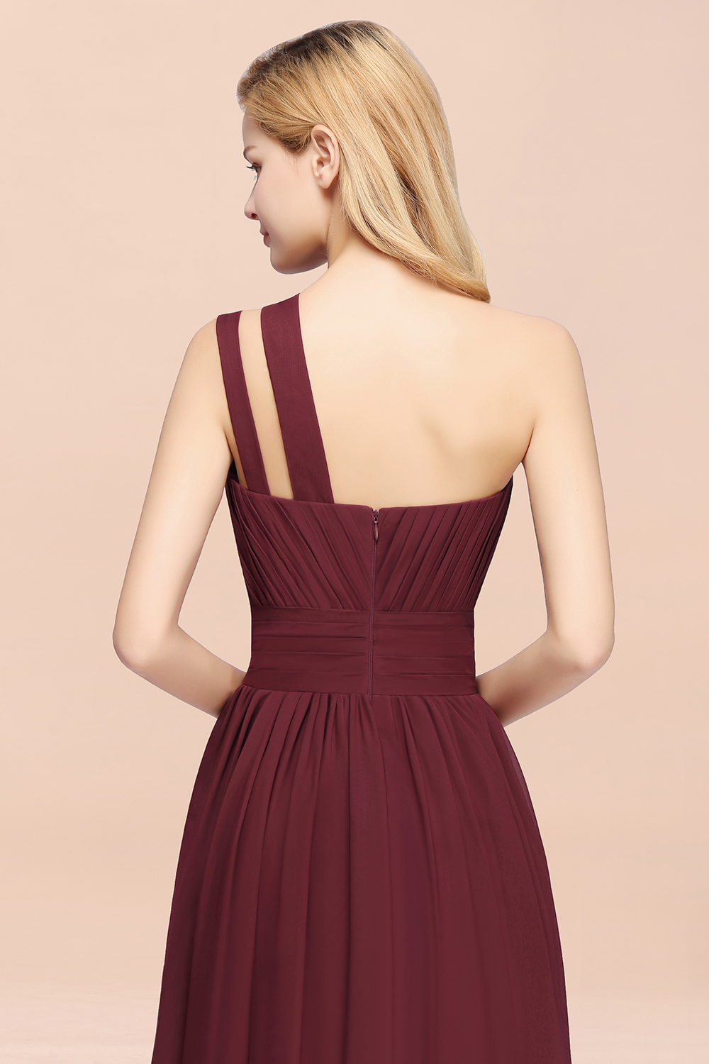Elegant A-Line Burgundy Chiffon One-Shoulder Sleeveless Ruffles Floor-Length Bridesmaid Dresses
