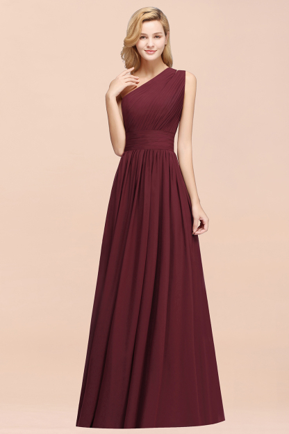Elegant A-Line Burgundy Chiffon One-Shoulder Sleeveless Ruffles Floor-Length Bridesmaid Dresses