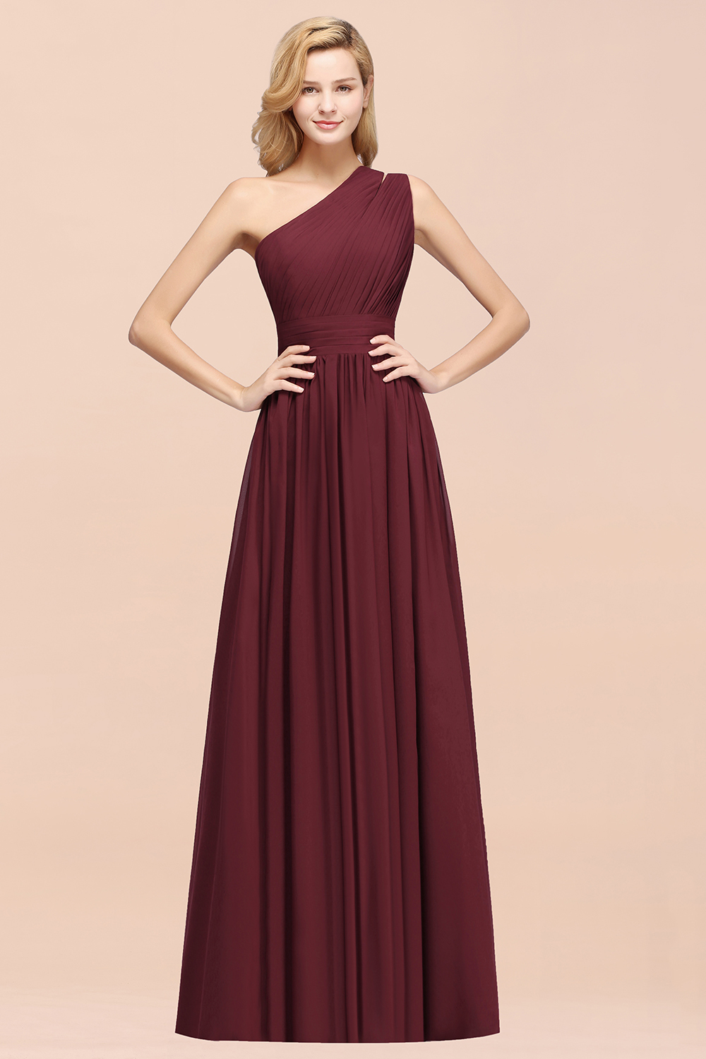 Elegant A-Line Burgundy Chiffon One-Shoulder Sleeveless Ruffles Floor-Length Bridesmaid Dresses