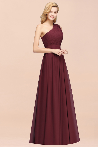 Elegant A-Line Burgundy Chiffon One-Shoulder Sleeveless Ruffles Floor-Length Bridesmaid Dresses