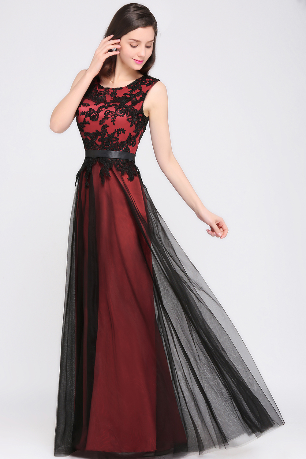 Elegant A-Line Tulle Lace Sleeveless Floor-Length Bridesmaid Dress with Sash