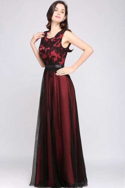Elegant A-Line Tulle Lace Sleeveless Floor-Length Bridesmaid Dress with Sash