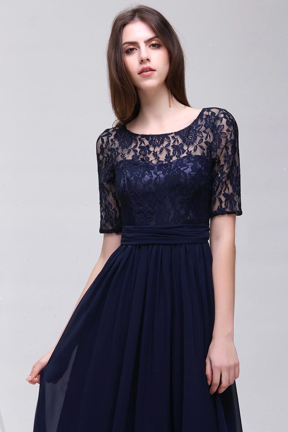 Elegant A-line Chiffon Lace Scoop Half-Sleeve Floor-Length Bridesmaid Dress