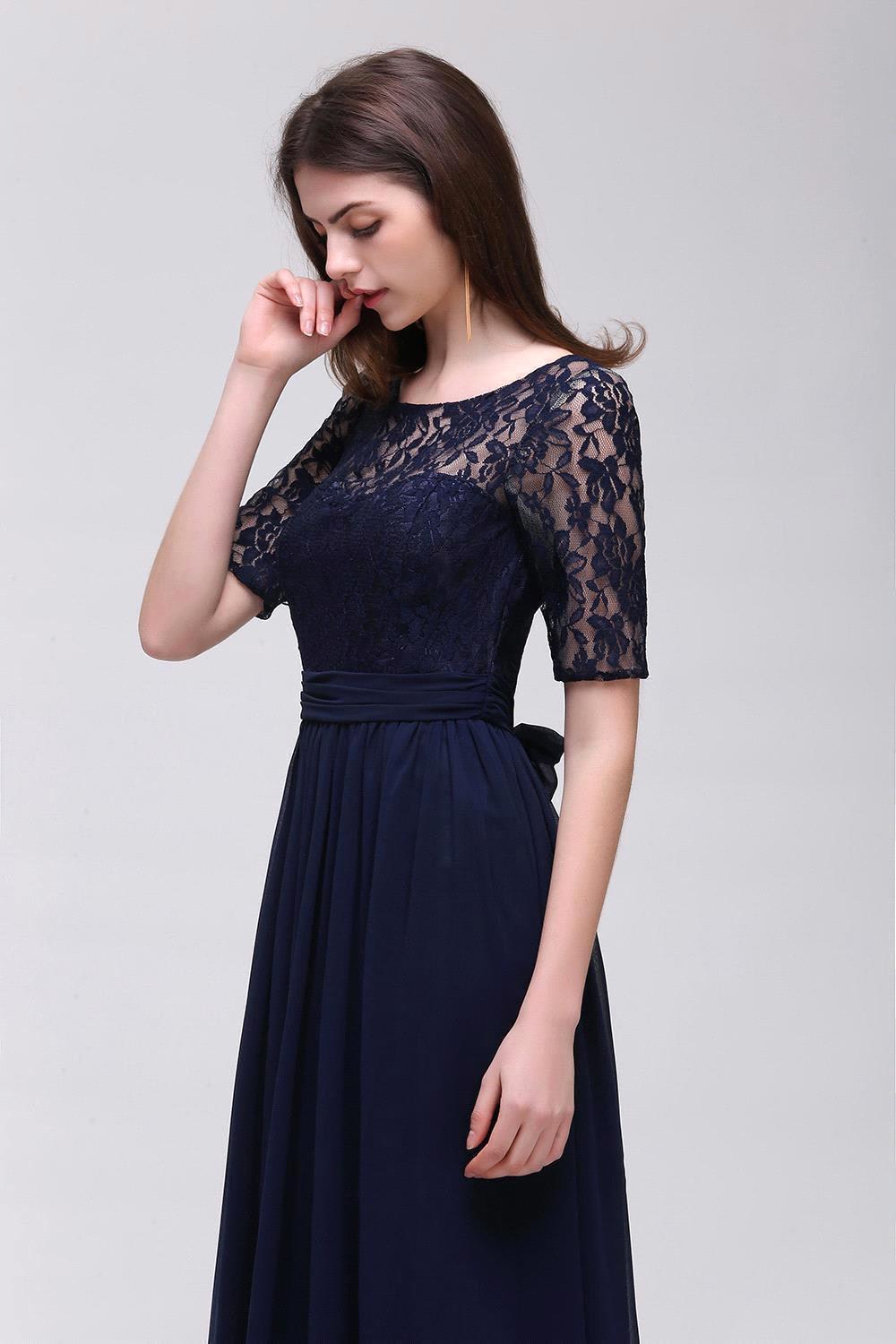 Elegant A-line Chiffon Lace Scoop Half-Sleeve Floor-Length Bridesmaid Dress