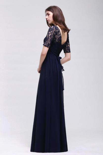 Elegant A-line Chiffon Lace Scoop Half-Sleeve Floor-Length Bridesmaid Dress