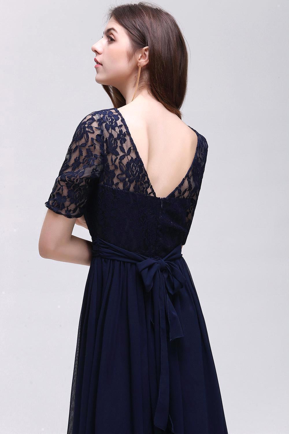 Elegant A-line Chiffon Lace Scoop Half-Sleeve Floor-Length Bridesmaid Dress