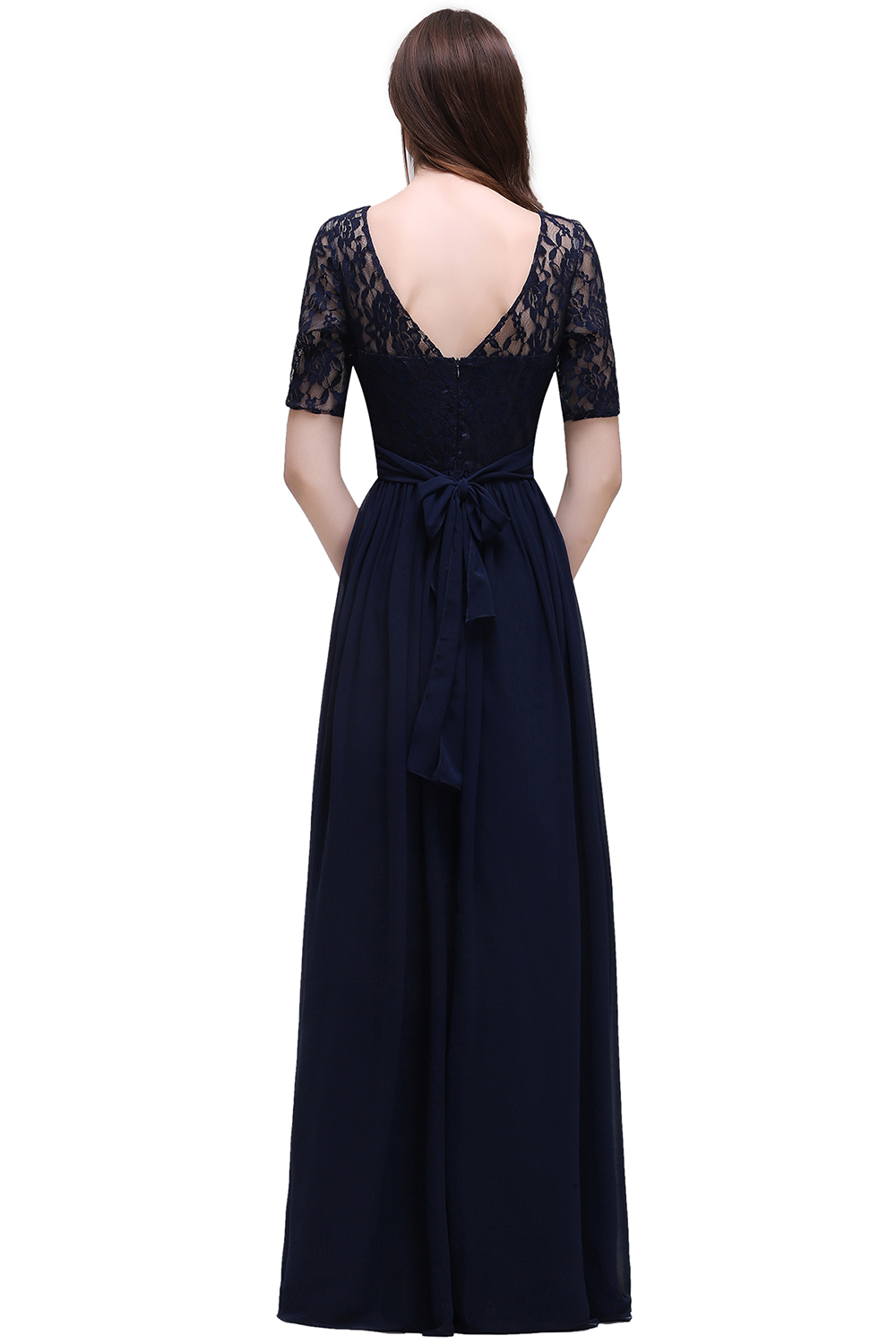 Elegant A-line Chiffon Lace Scoop Half-Sleeve Floor-Length Bridesmaid Dress