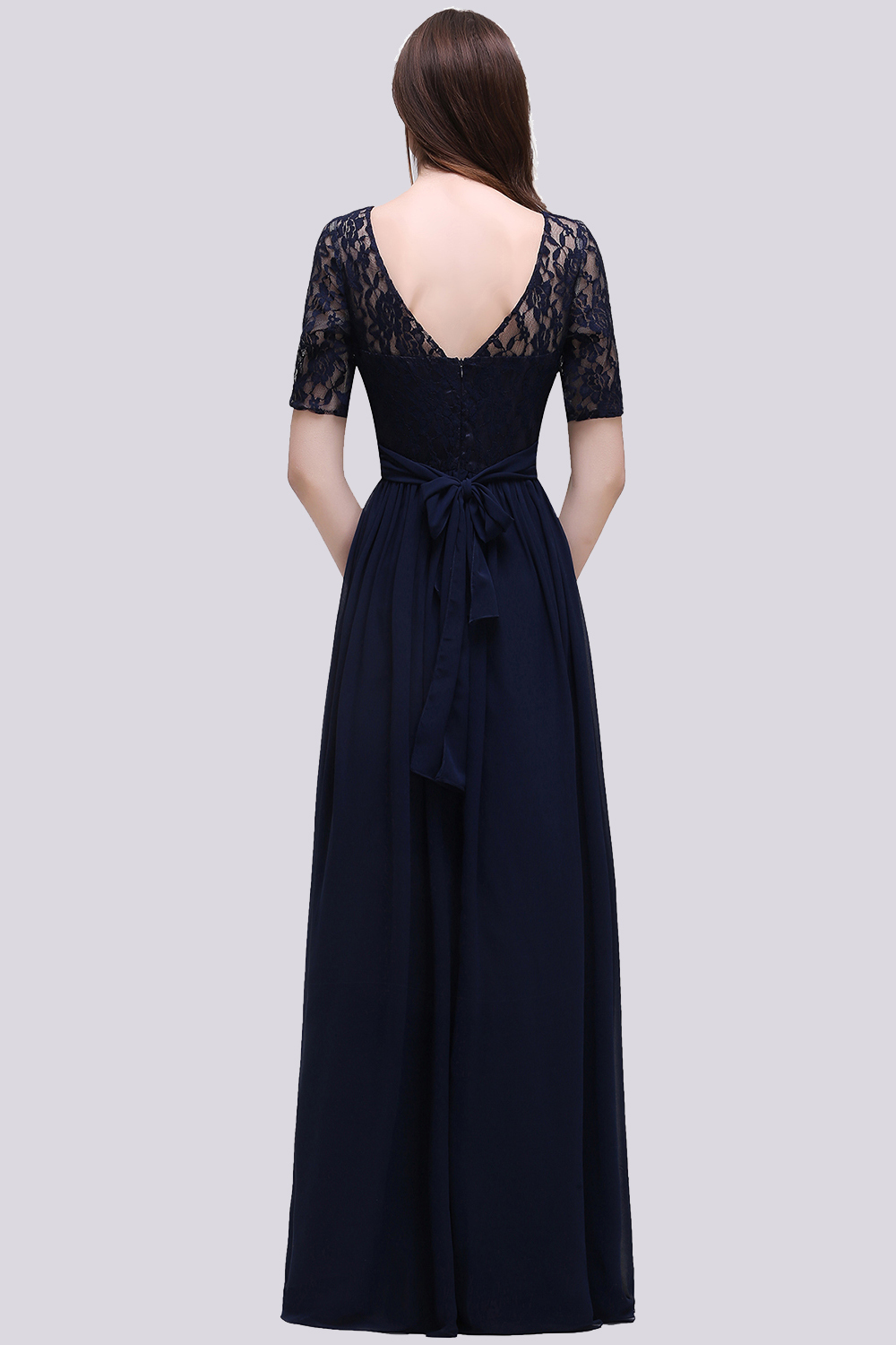 Elegant A-line Chiffon Lace Scoop Half-Sleeve Floor-Length Bridesmaid Dress