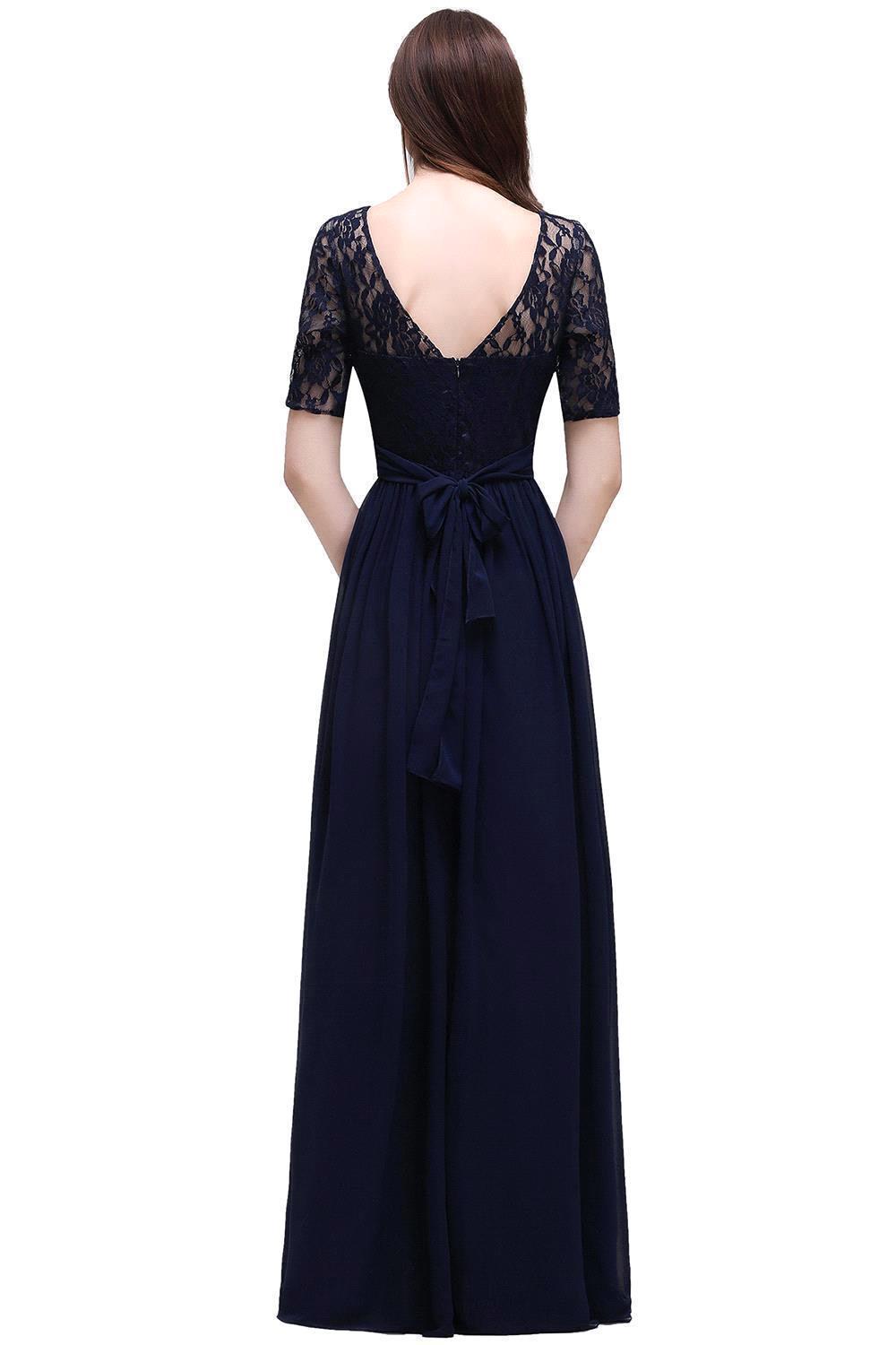Elegant A-line Chiffon Lace Scoop Half-Sleeve Floor-Length Bridesmaid Dress