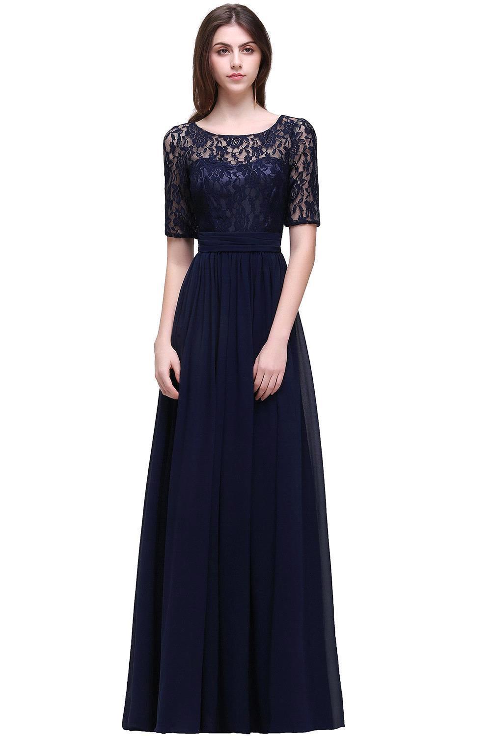 Elegant A-line Chiffon Lace Scoop Half-Sleeve Floor-Length Bridesmaid Dress