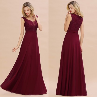 Elegant A-line Chiffon Lace V-Neck Sleeveless Floor-Length Bridesmaid Dress