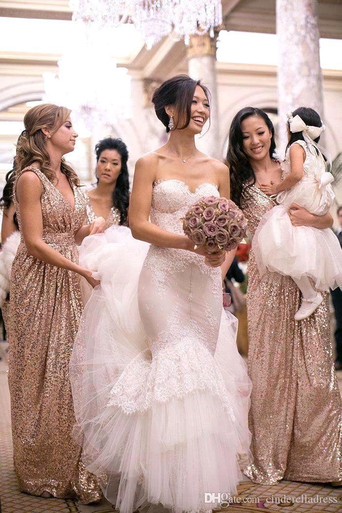 Elegant A-line Sequined V-Neck Sleeveless Floor-Length Bridesmaid Dresses