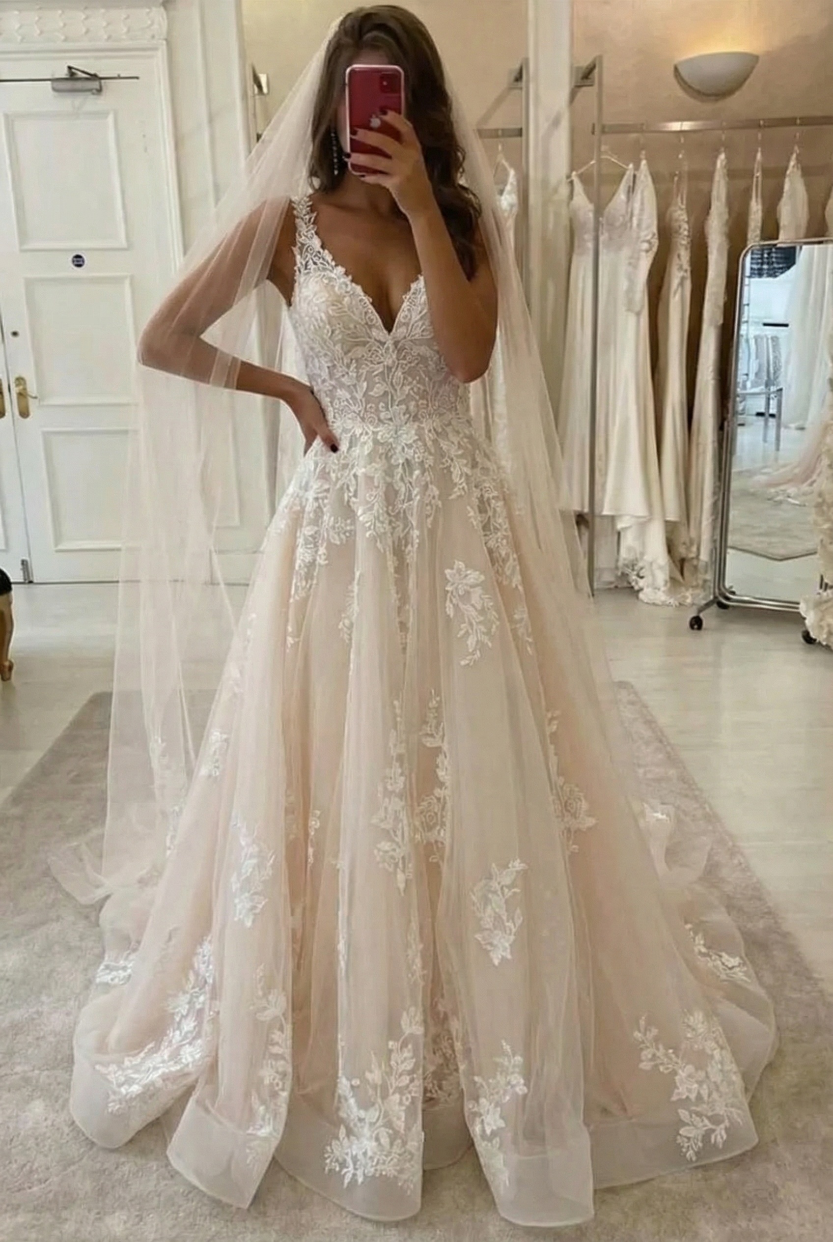 Elegant A-line V-neck Tulle Lace Backless Long Wedding Dresses
