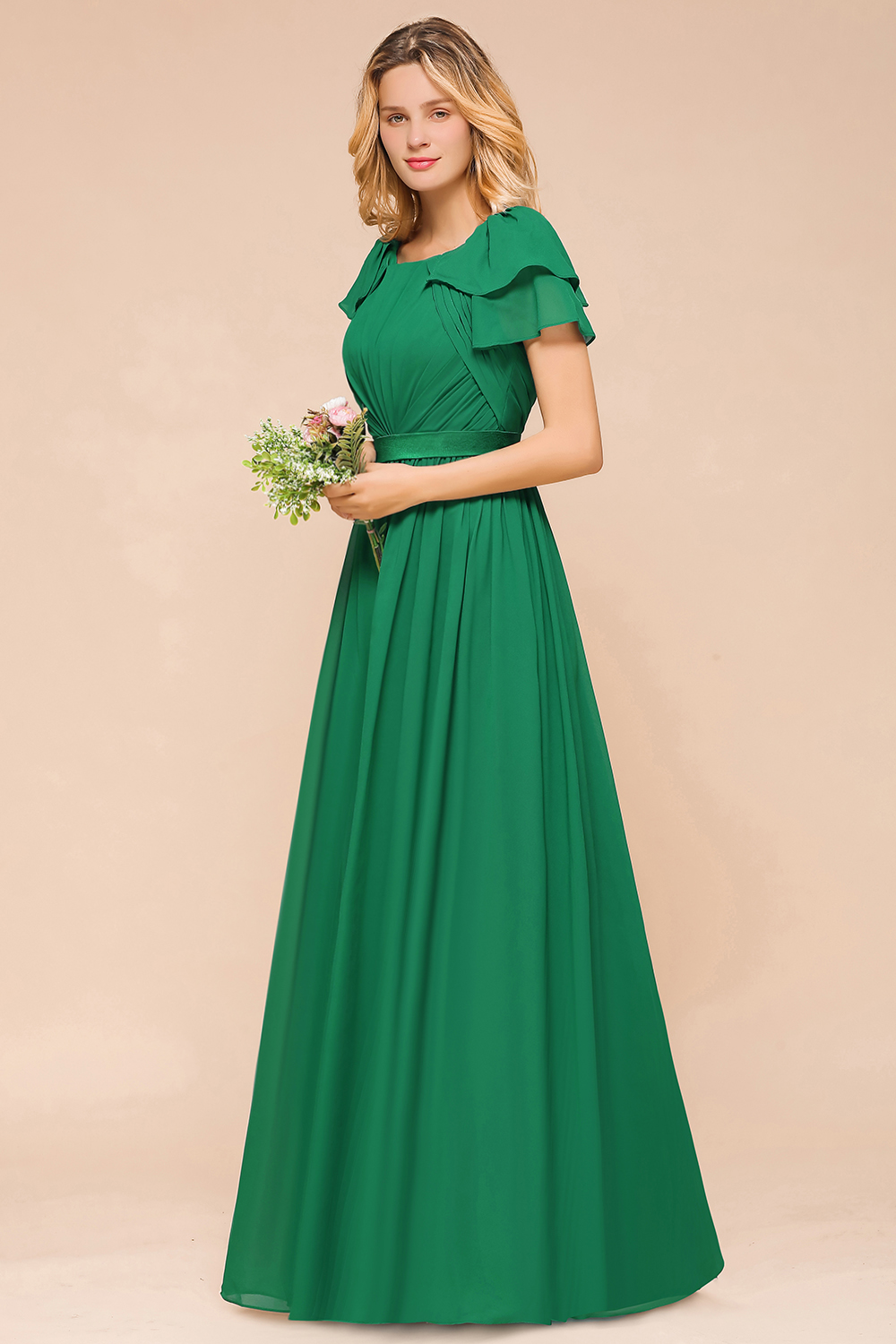 Elegant Bateau Short Sleeves A-line Floor-length Chiffon Ruched Bridesmaid Dress