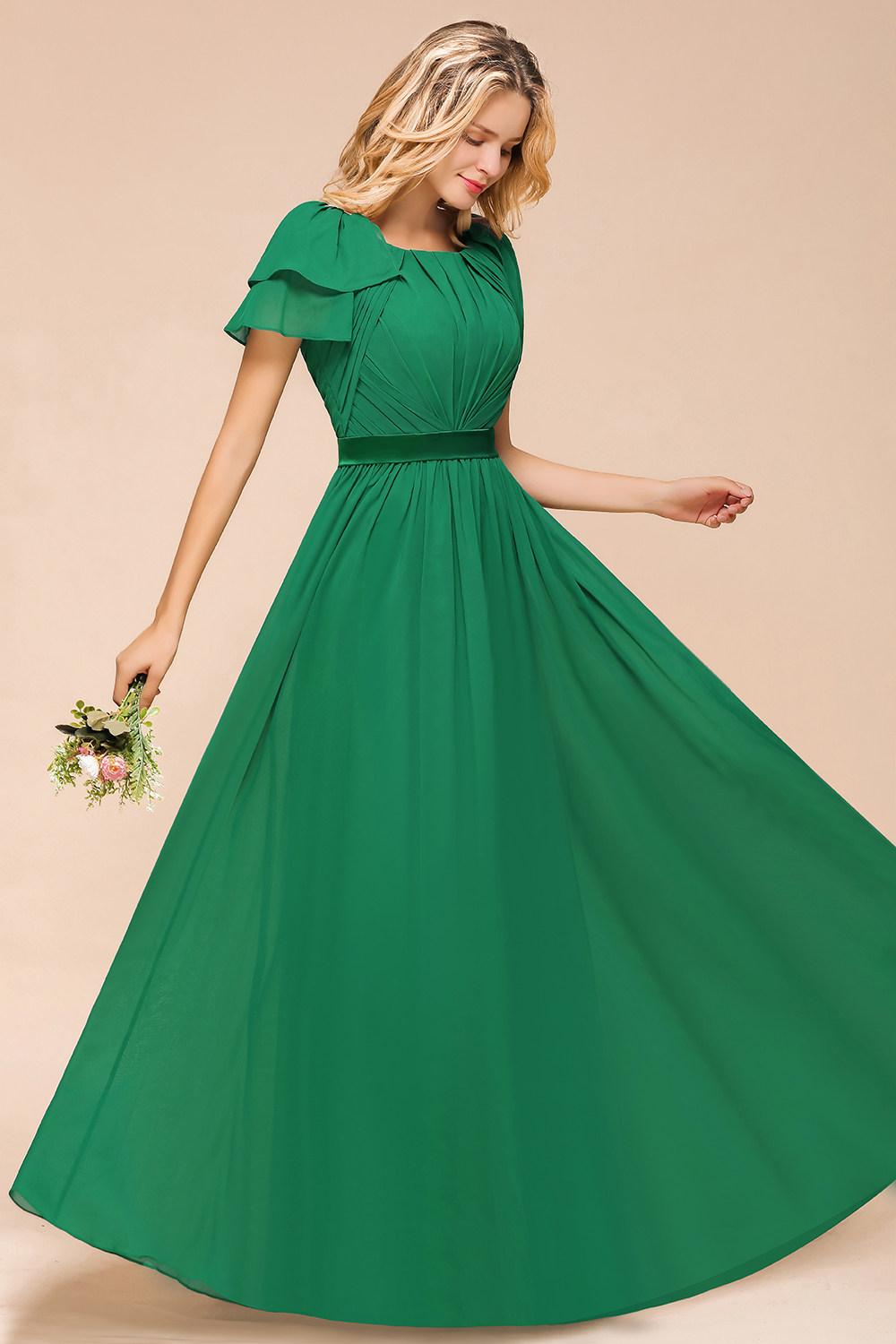 Elegant Bateau Short Sleeves A-line Floor-length Chiffon Ruched Bridesmaid Dress