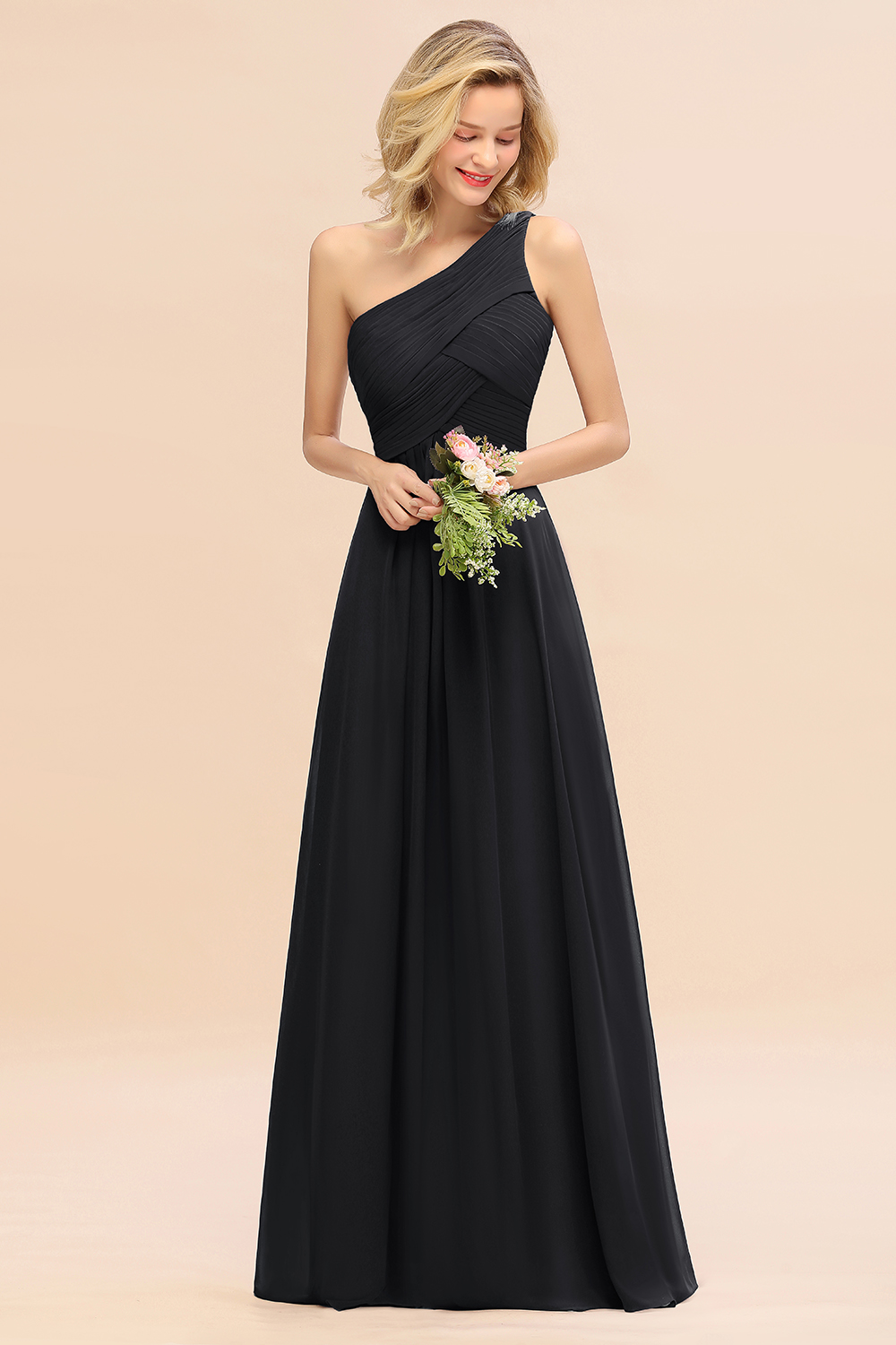 Elegant Black A-line Chiffon Ruffles One Shoulder Long Bridesmaid Dress