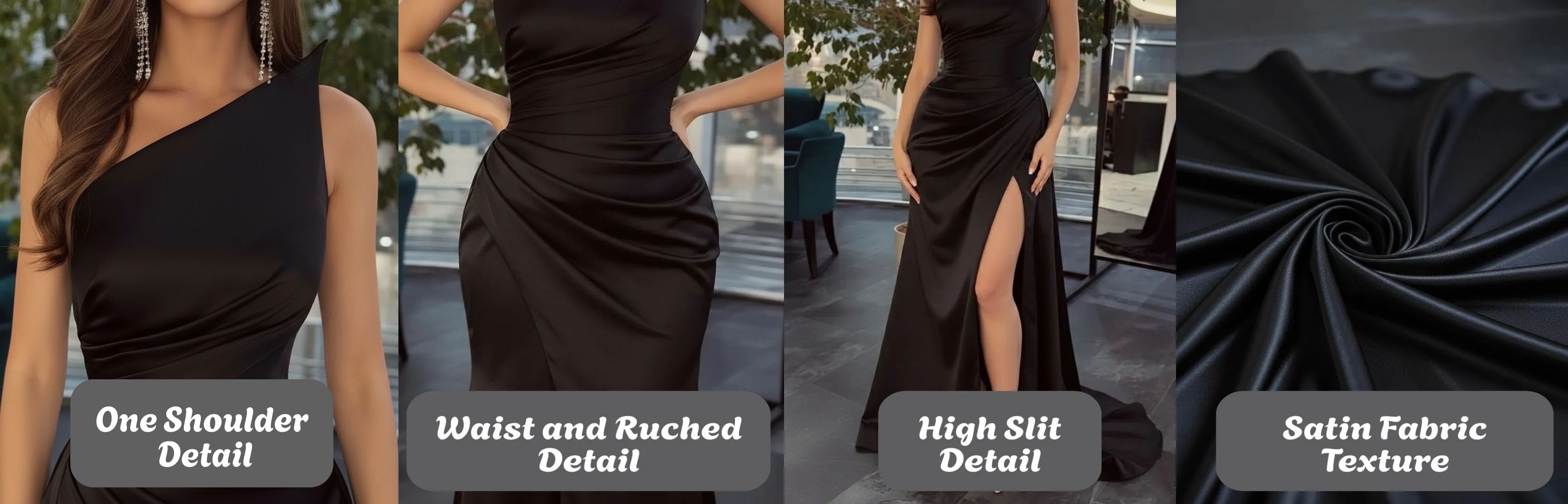 Elegant Black Long Mermaid One Shoulder Satin Prom Dress-Detail