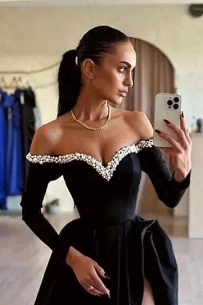 Cocosbride Black Off-the-Shoulder A-line Long Evening Dress with Beads