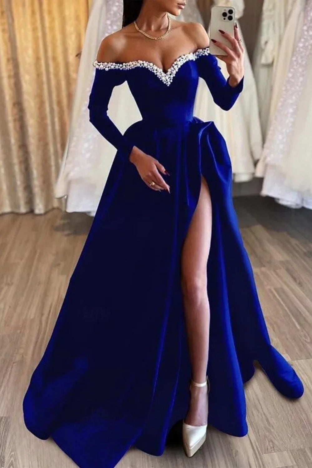 Cocosbride Black Off-the-Shoulder A-line Long Evening Dress with Beads