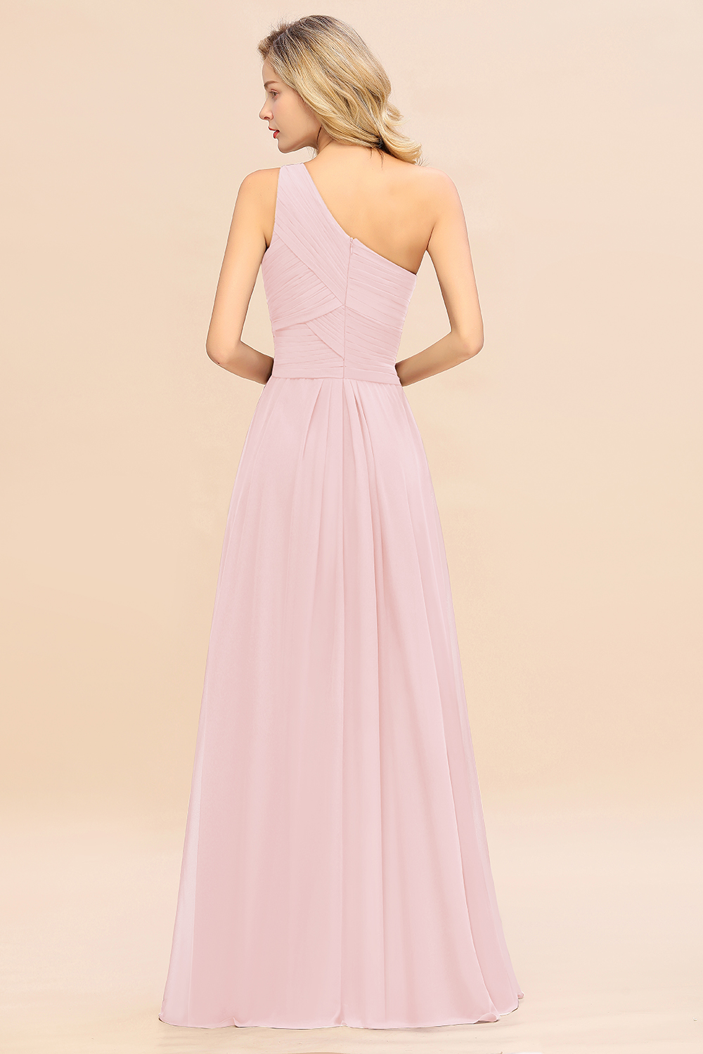 Elegant Blushing Pink A-line Chiffon Ruffles One Shoulder Long Bridesmaid Dress