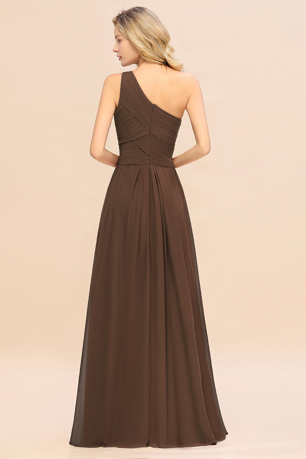 Elegant Brown A-line Chiffon Ruffles One Shoulder Long Bridesmaid Dress