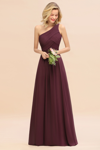 Elegant Cabernet A-line Chiffon Ruffles One Shoulder Long Bridesmaid Dress