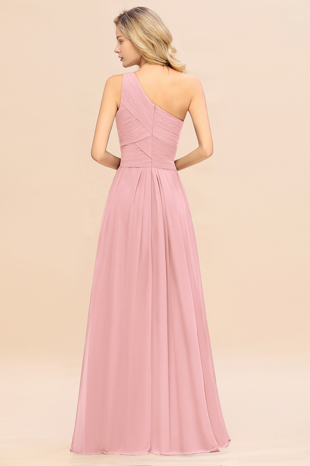 Elegant Candy Pink A-line Chiffon Ruffles One Shoulder Long Bridesmaid Dress