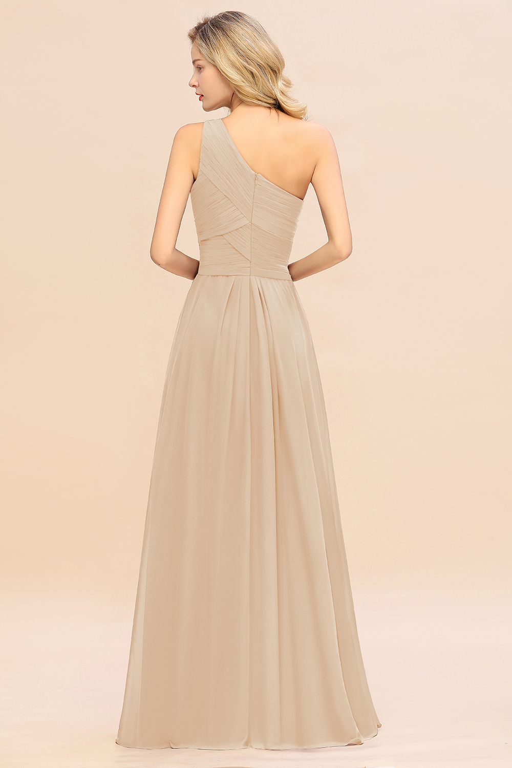 Elegant Champagne A-line Chiffon Ruffles One Shoulder Long Bridesmaid Dress