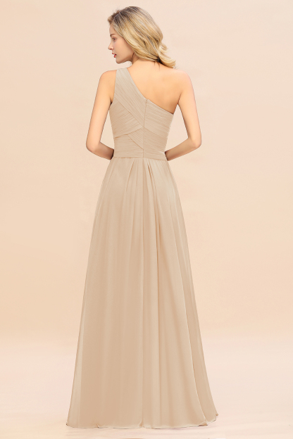 Elegant Champagne A-line Chiffon Ruffles One Shoulder Long Bridesmaid Dress