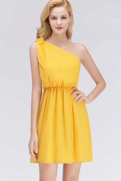 Elegant Chiffon One-Shoulder Sleeveless Ruffles Short Bridesmaid Dresses with Bow