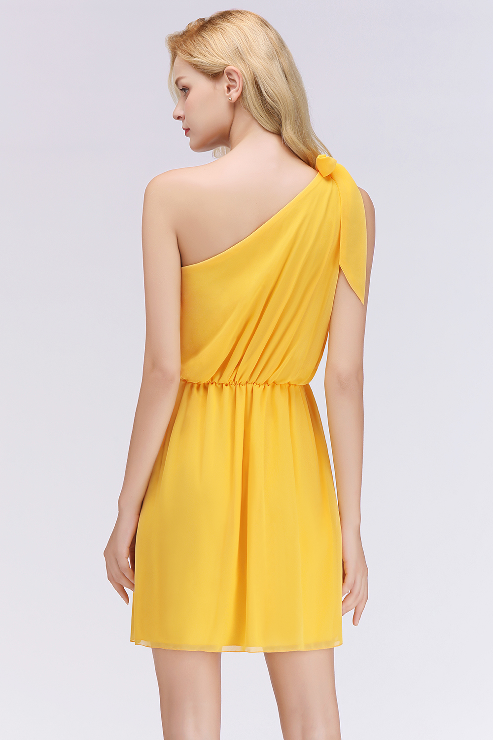 Elegant Chiffon One-Shoulder Sleeveless Ruffles Short Bridesmaid Dresses with Bow