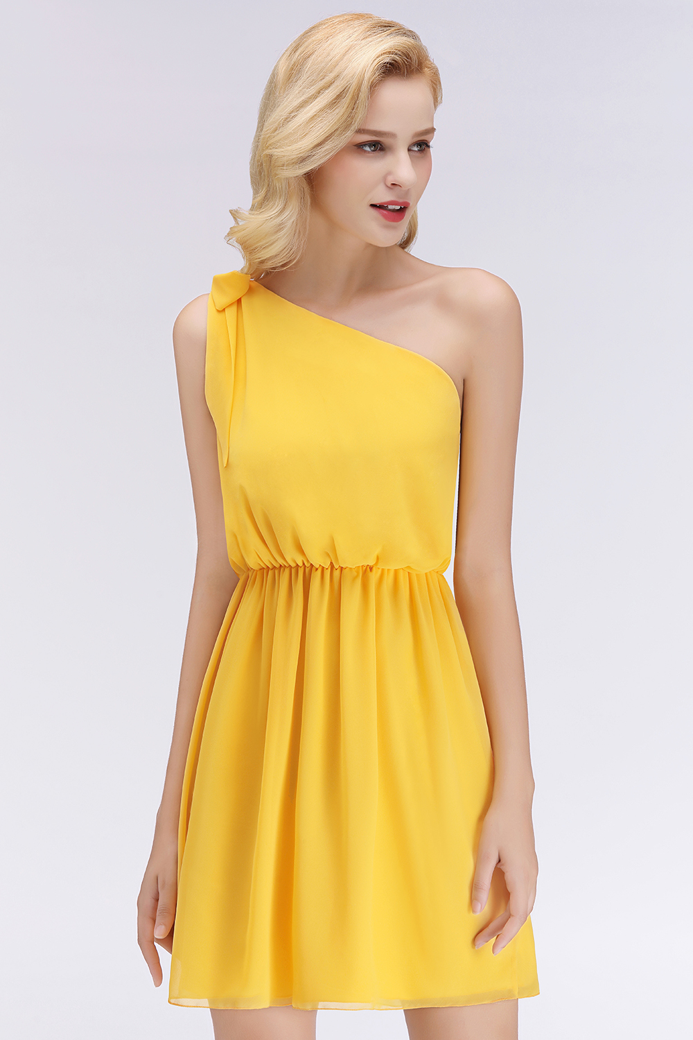 Elegant Chiffon One-Shoulder Sleeveless Ruffles Short Bridesmaid Dresses with Bow