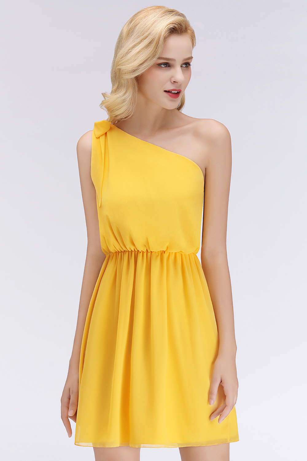 Elegant Chiffon One-Shoulder Sleeveless Ruffles Short Bridesmaid Dresses with Bow