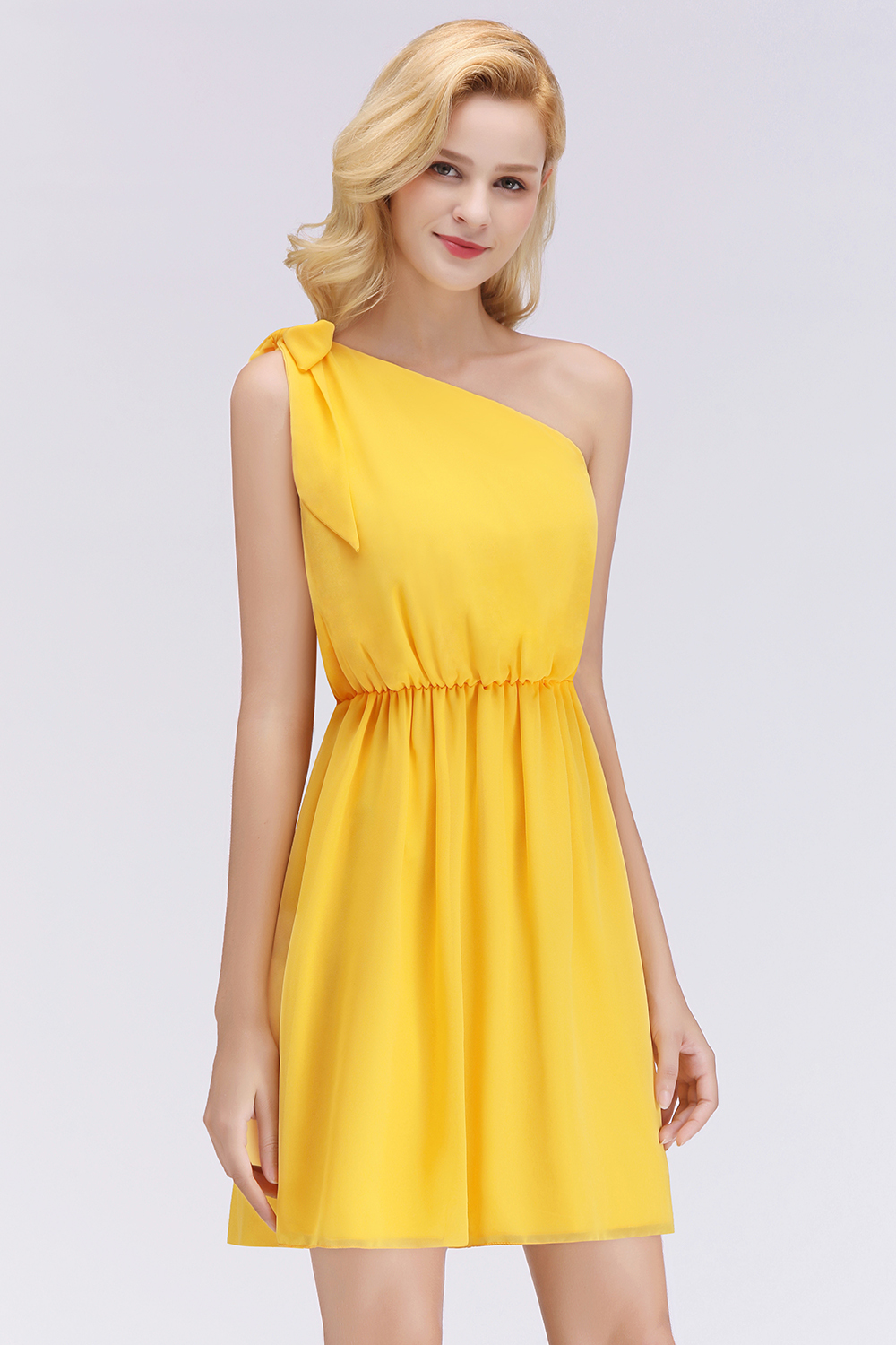 Elegant Chiffon One-Shoulder Sleeveless Ruffles Short Bridesmaid Dresses with Bow