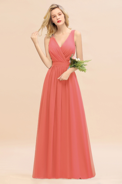 Elegant Chiffon V-neck Wide Straps A-line Floor-length Bridesmaid Dress With Bowknot