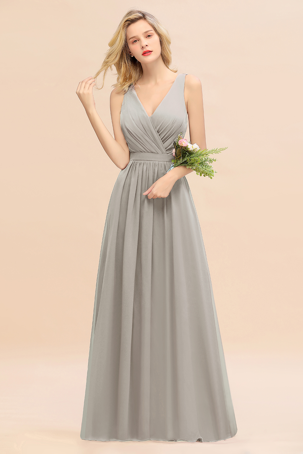Elegant Chiffon V-neck Wide Straps A-line Floor-length Bridesmaid Dress With Bowknot