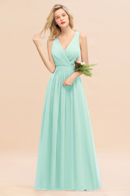 Elegant Chiffon V-neck Wide Straps A-line Floor-length Bridesmaid Dress With Bowknot
