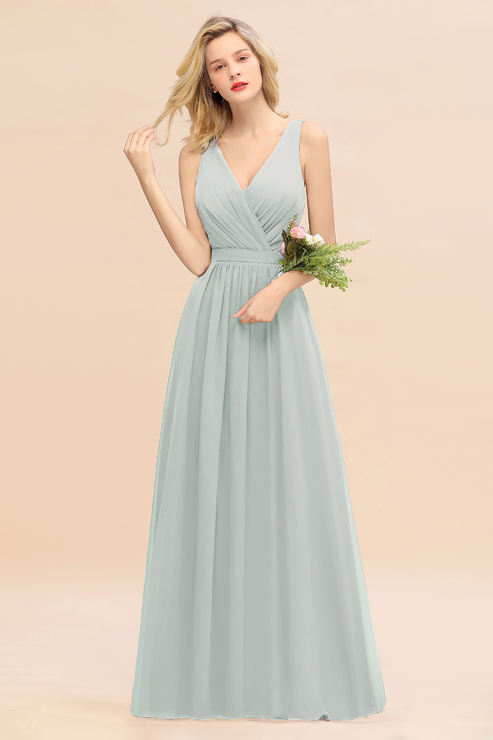 Elegant Chiffon V-neck Wide Straps A-line Floor-length Bridesmaid Dress With Bowknot