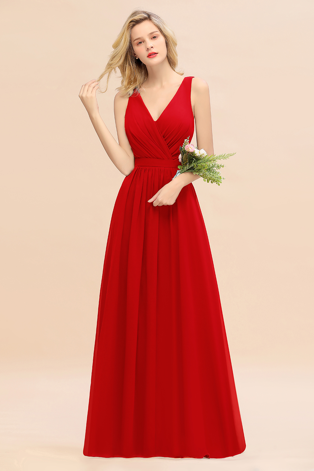 Elegant Chiffon V-neck Wide Straps A-line Floor-length Bridesmaid Dress With Bowknot