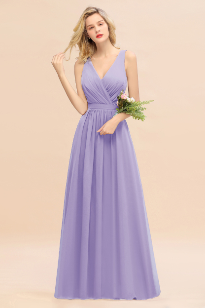 Elegant Chiffon V-neck Wide Straps A-line Floor-length Bridesmaid Dress With Bowknot