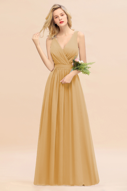 Elegant Chiffon V-neck Wide Straps A-line Floor-length Bridesmaid Dress With Bowknot